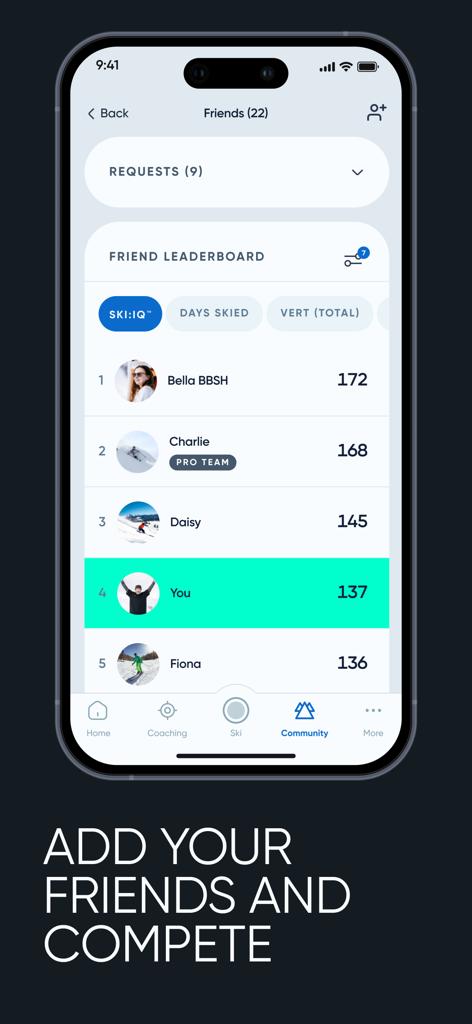 A friend leaderboard within the Carv app showing Ski IQ rankings and performance competition