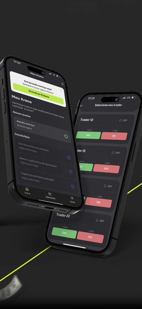 App Arena - Dos smartphones mostrando la aplicación de finanzas App Arena con estadísticas de rendimiento del trader y una lista de verificación de incorporación