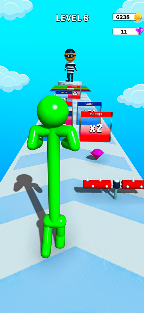 Big Man: Run & Rise - Un personaje stickman verde alto corriendo a través de puertas multiplicadoras matemáticas en el juego Big Man Run and Rise.
