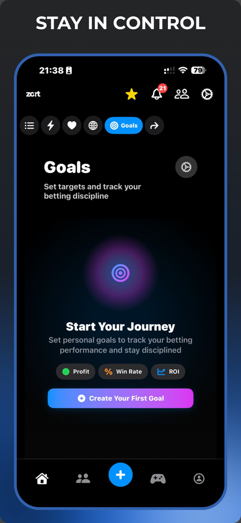 Zort app Goals screen for setting personal betting performance targets including profit, win rate, and ROI.
