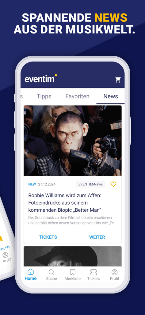 EVENTIM DE: Tickets for Events - EVENTIM DEモバイルアプリの音楽ニュースや記事を表示するスマートフォン画面