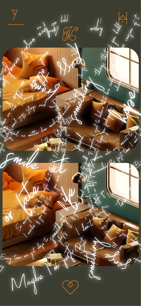 DreamScape: Compass Walls - Surreal spot the difference puzzle with cinematic bedroom visuals and handwritten text overlays