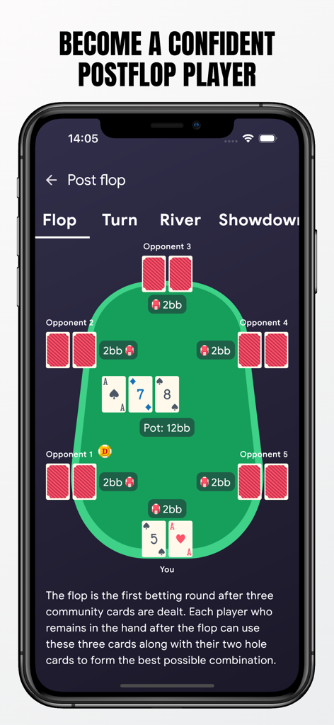 ATHYLPS - Poker Trainer - Interface do aplicativo móvel ATHYLPS Poker Trainer mostrando uma lição pós-flop com uma mesa virtual e explicação das cartas