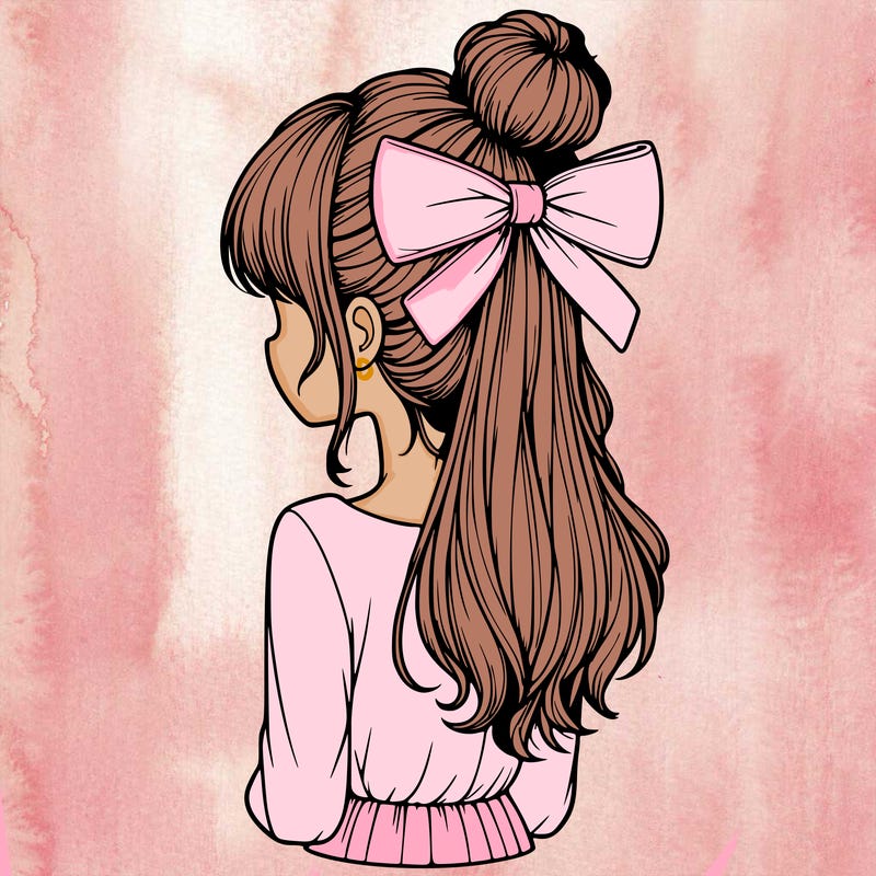 realistic girl  with hip length hair a bun and a big bow on the back of head