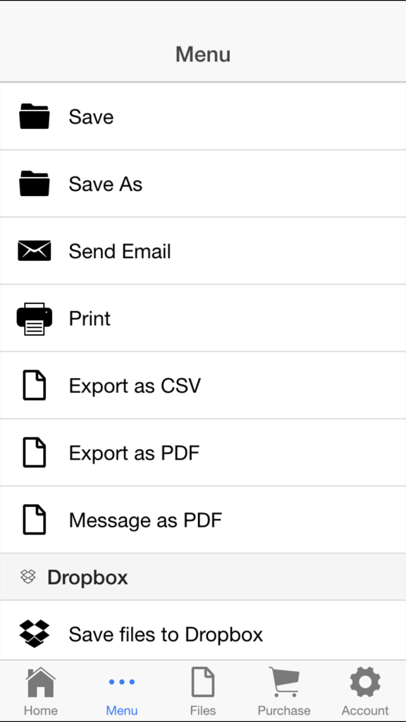 Check Book Register - Menu interface of the Check Book Register app showing options to save, email, print, and export files as CSV or PDF