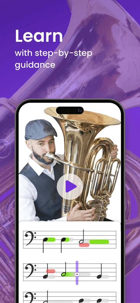 Interfaccia dell'app mobile che mostra una lezione video sul tuba e spartiti interattivi con feedback.