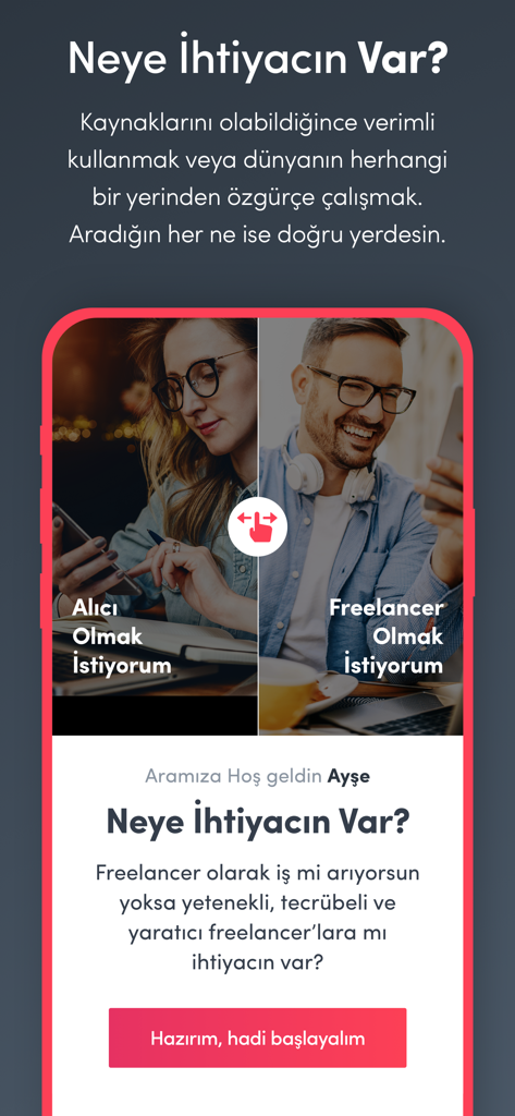 Bionluk - Bionluk mobile app screen where users choose between buyer and freelancer roles