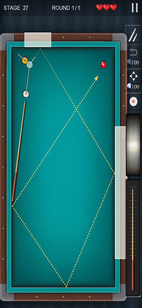 Pro Billiards 3balls 4balls - Mobile carom billiards game showing 3-cushion trajectory and cue controls