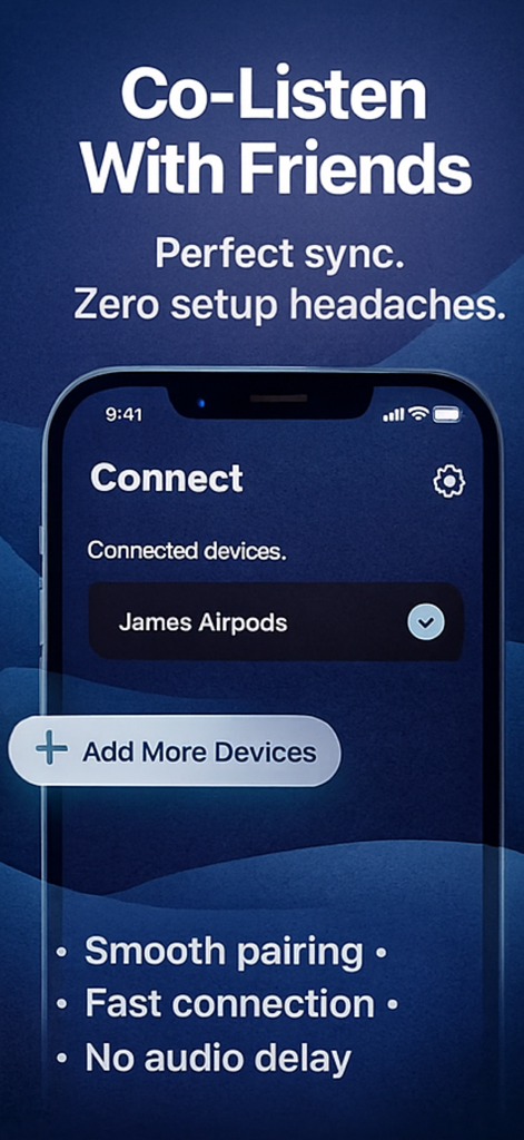ヘッドフォンコネクトアプリのインターフェース、同期されたオーディオ共有のための「友達と同時聴取」機能を表示