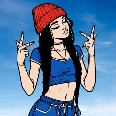 realistic teenage girl with braids and a beanie and crop top doing 🫶🏼