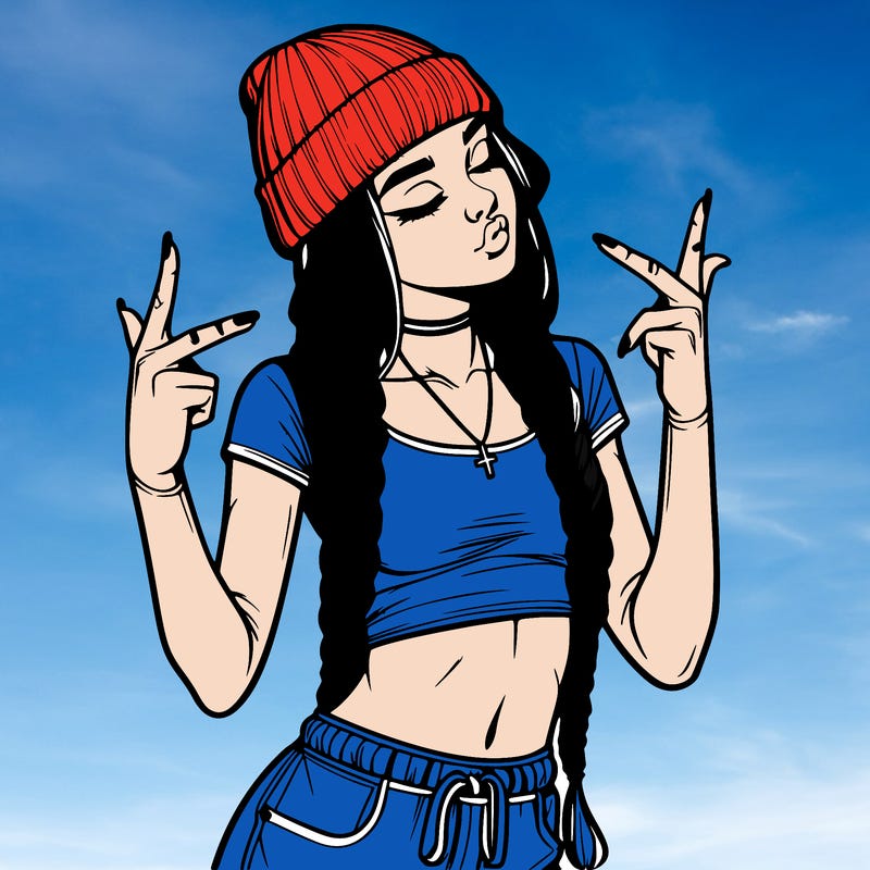 realistic teenage girl with braids and a beanie and crop top doing 🫶🏼