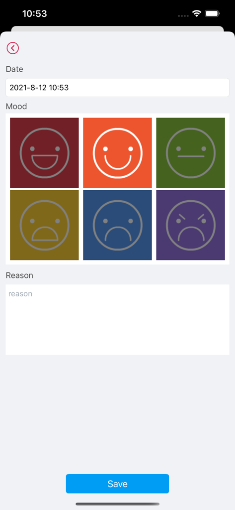 Mood Diary -  thought Journal - Daily mood entry screen with colored emoji icons and a text box for reflection