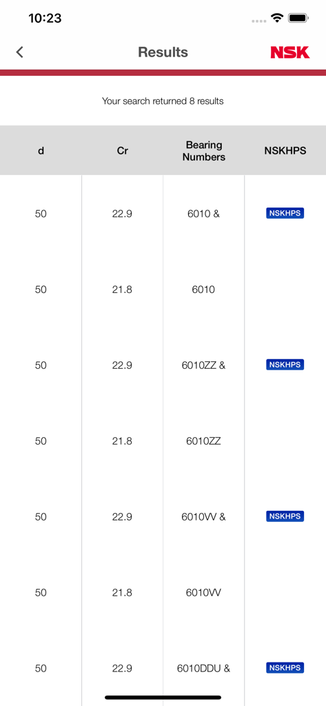 A list of bearing search results in the NSK app showing bearing numbers and technical data columns.