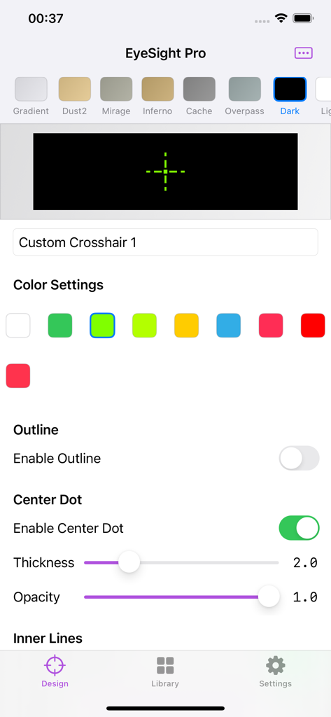 Custom Crosshair: EyeSight Pro - Interfaz de la aplicación EyeSight Pro que muestra configuraciones de diseño de mira personalizadas, incluyendo color, grosor y opacidad