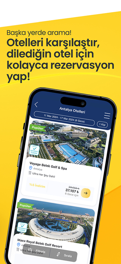 Ucuzabilet mobile app screen showing luxury hotel listings in Antalya with prices and images