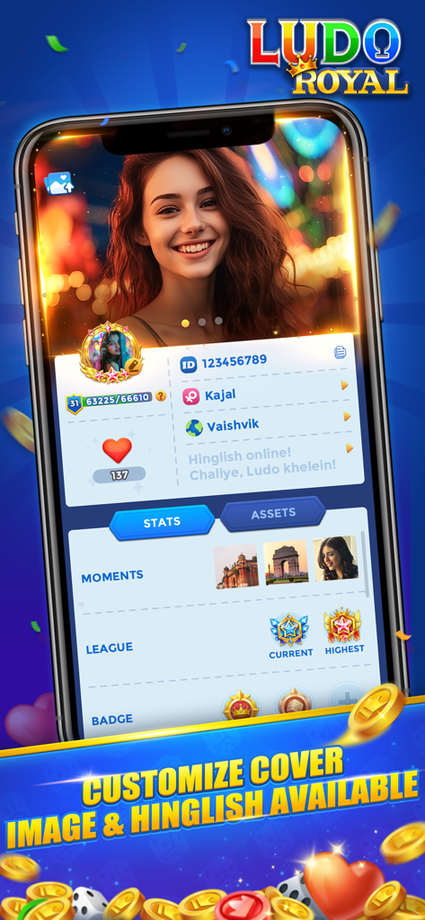 Ludo Royal app user profile screen featuring a custom cover image and Hinglish language support