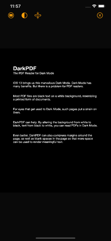 다크 모드 독서를 위해 검은색 배경에 흰색 텍스트를 표시하는 DarkPDF 앱