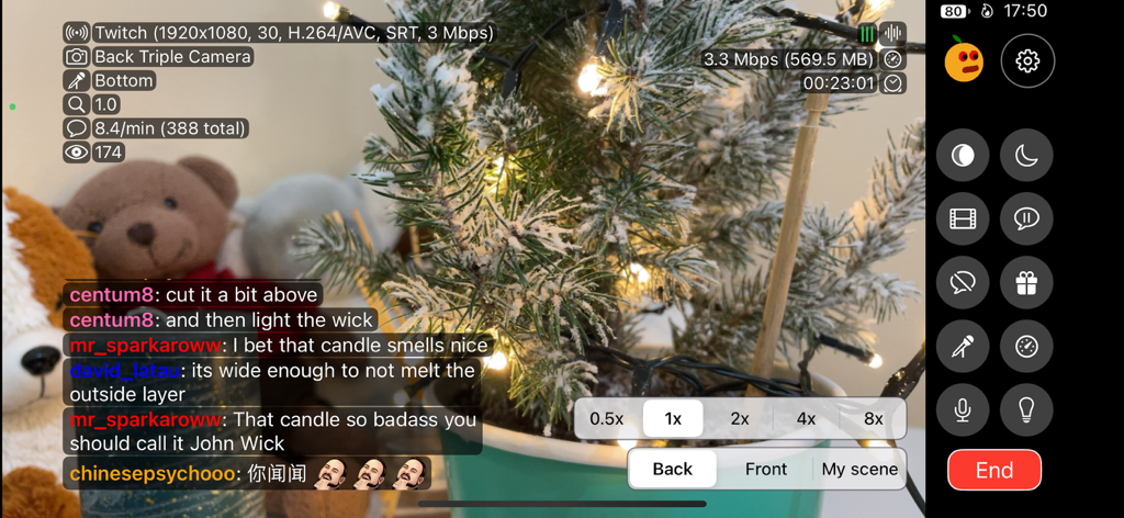 Moblin - Moblin mobile live stream interface showing real-time chat overlay and professional camera controls