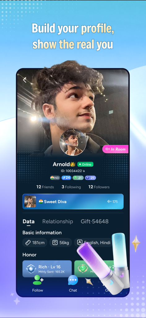 Baat Live - A user profile interface in the Baat Live app showing personal photos and social media metrics
