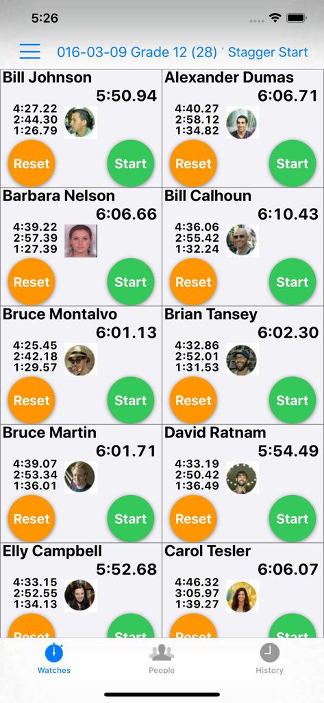 Ultimate Stopwatch - Ultimate Stopwatch app interface showing multiple simultaneous timers for athletes with names and photos