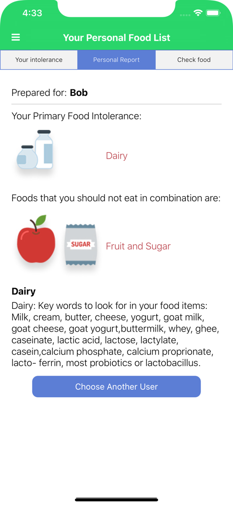 Carroll Food Intolerance - Personal food intolerance report screen showing dairy intolerance and food combinations to avoid