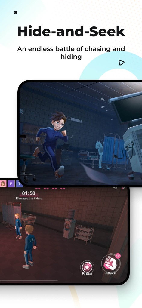 WePlay app screenshot showing the hide and seek game mode with 3D avatars in a hospital setting