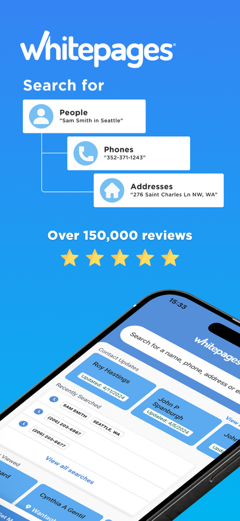 Interfaz de la aplicación Whitepages mostrando categorías de búsqueda para números de teléfono de personas y direcciones con calificaciones de cinco estrellas