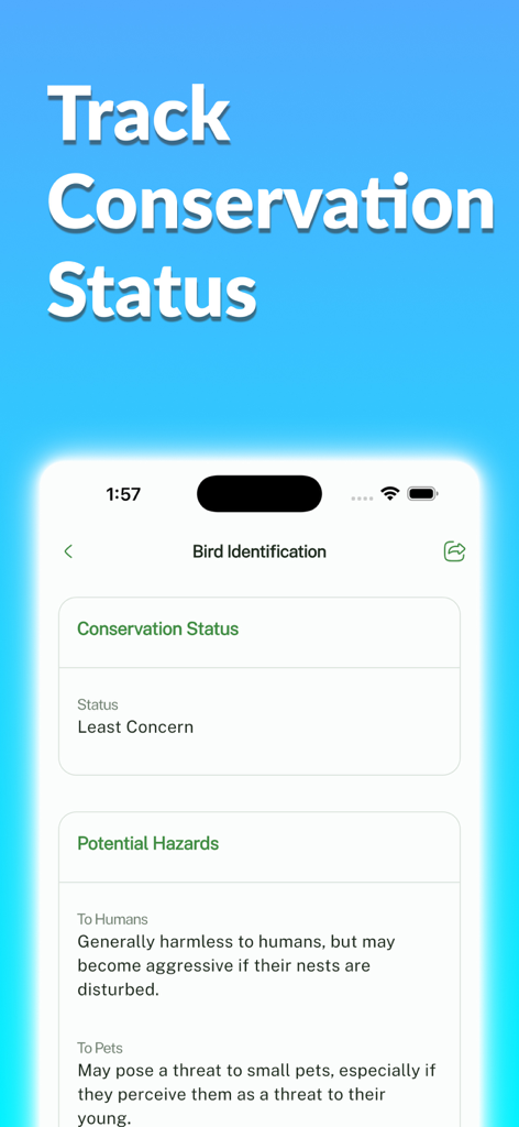 Mobile app interface showing bird conservation status and potential hazards information