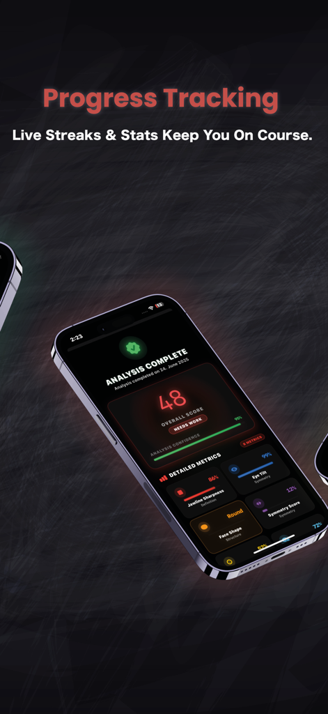 Masculinity - Scan Your Face - A smartphone screen displaying AI facial analysis results with scores for jawline sharpness, eye tilt, and face symmetry.