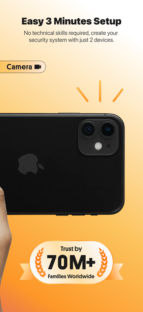 Alfred Home Security Camera - Captura de marketing mostrando o processo fácil de configuração em 3 minutos da Câmera de Segurança Alfred usando um iPhone