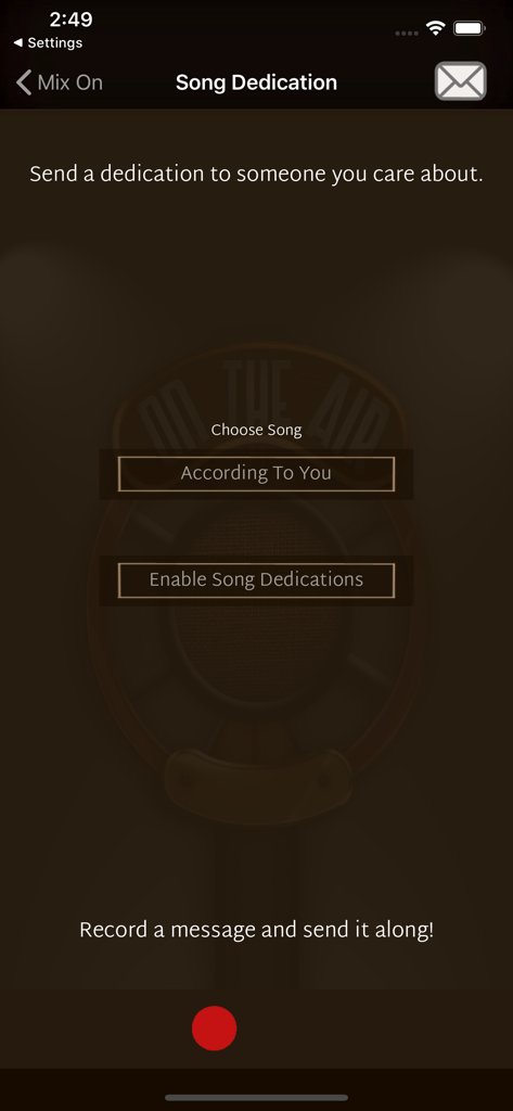 Mix On Lite - Pantalla de dedicatoria de canciones de Mix On Lite que permite a los usuarios elegir una canción y grabar un mensaje de voz.
