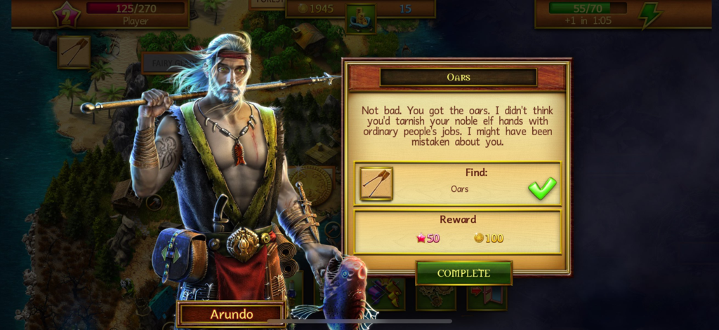 Mahjong Island - Tile Match - Una pantalla de finalización de misión en Mahjong Island con el personaje Arundo y las recompensas de la misión.