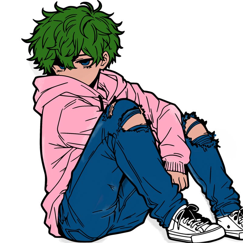 a male hoddie ripped jeans messy hair anime