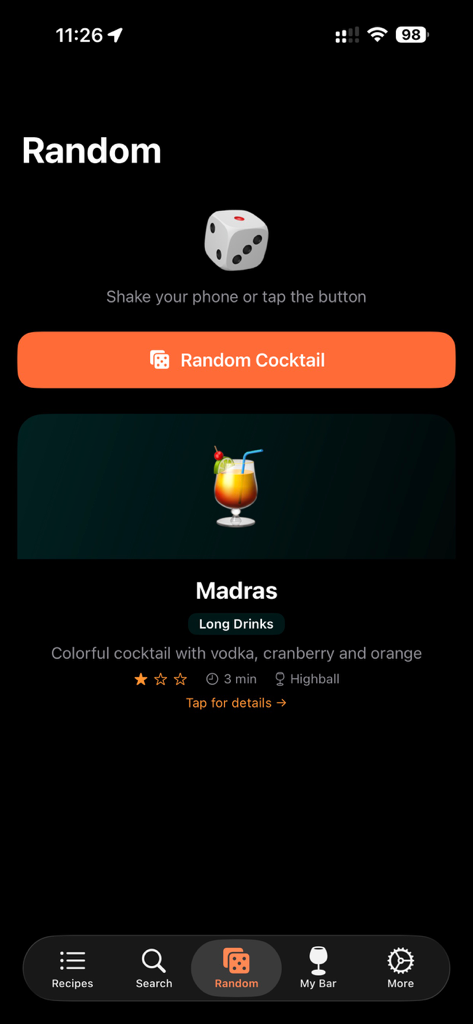 Cocktails Book - Der Bildschirm des zufälligen Cocktail-Generators in der Cocktails Book App, der ein Madras-Rezept mit einer Schaltfläche zum Schütteln für einen neuen Vorschlag zeigt.