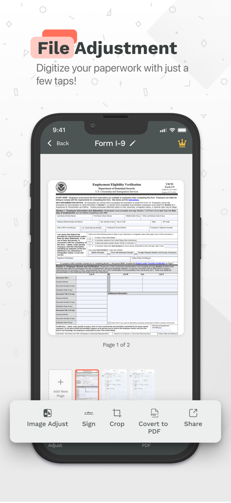 iPhoneで書類の調整と署名機能を示す「今すぐスキャン」アプリのインターフェース