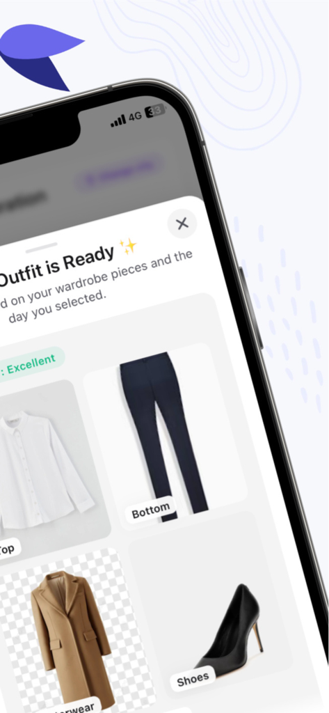 Combine AI: Outfit Planner - A mobile app interface showing an AI-generated outfit suggestion including a white shirt, navy pants, tan coat, and black high heels.