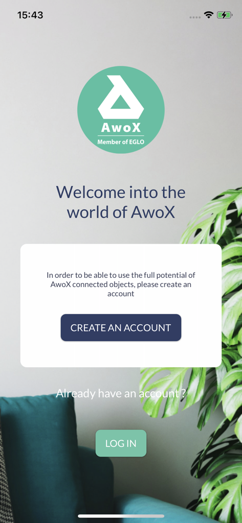 AwoX HomeControl app welcome screen showing the brand logo and buttons to create an account or log in.