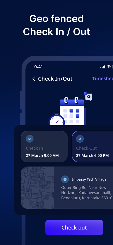 Accrue mobile App-Oberfläche, die das Check-in und Check-out von Mitarbeitern mittels Geofencing mit Standortkarte und Schichtzeiten zeigt