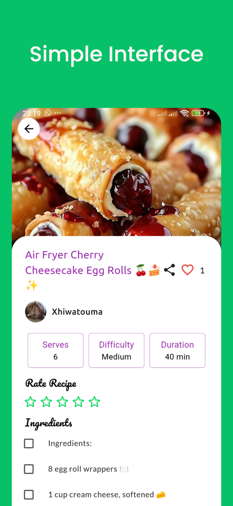 La aplicación Yummy Delicious Recipes mostrando una receta de Rollitos de Cheesecake de Cereza en Freidora de Aire con detalles de preparación e ingredientes.