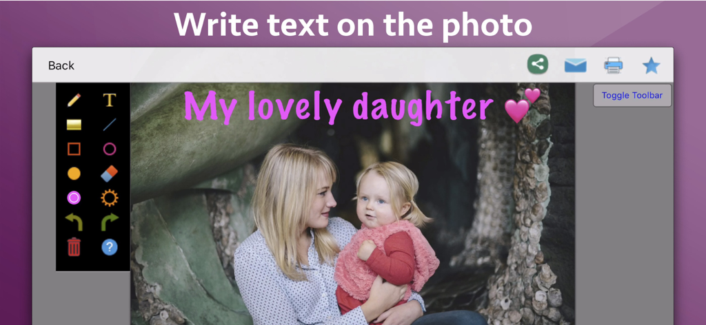 Photo Markup - Draw & Annotate - Interface of the Photo Markup app showing pink text and heart emojis added to a photo of a woman and child