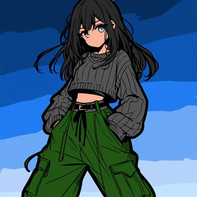 anime teen girl with baggy pants and crop top with sweater