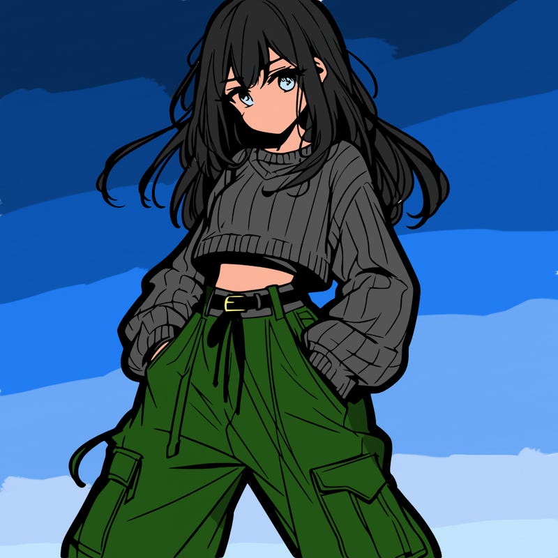 anime teen girl with baggy pants and crop top with sweater