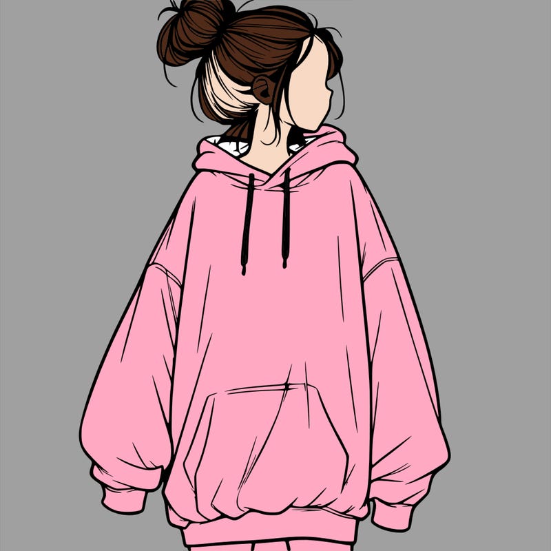 realistic girl with a oversized sweatshirt on and a bun