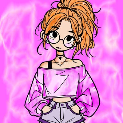 girl with a messy ponytail glasses a baggy crop top and jean shorts