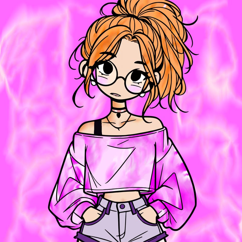 girl with a messy ponytail glasses a baggy crop top and jean shorts