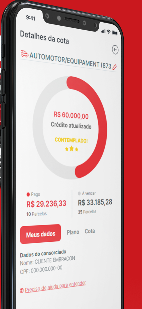 Mobile screen of the Consorcio Embracon app displaying share information and credit status.