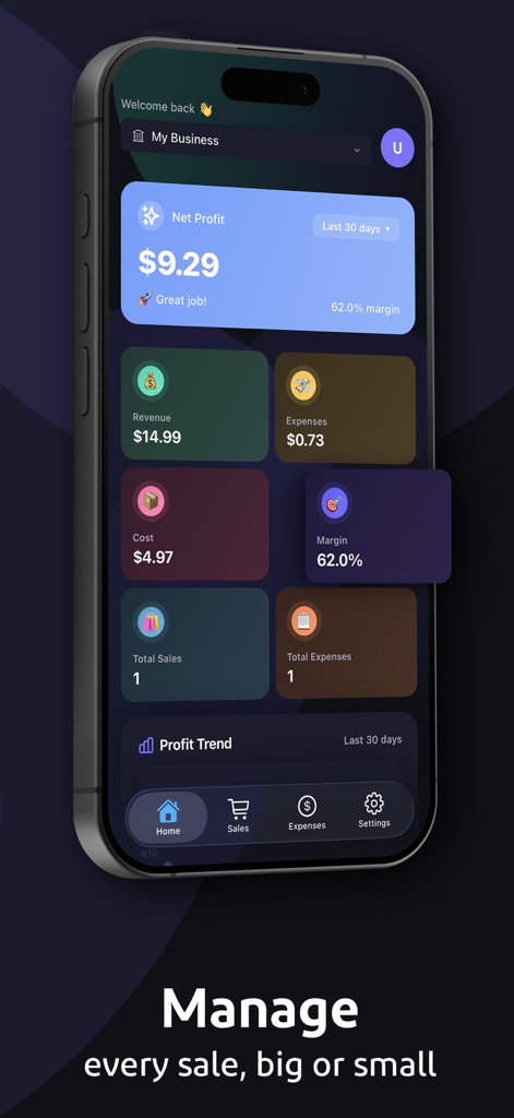 Profit Tracker - Made Simple - Mobile app dashboard showing net profit revenue and expenses for a reseller business with a modern dark mode interface
