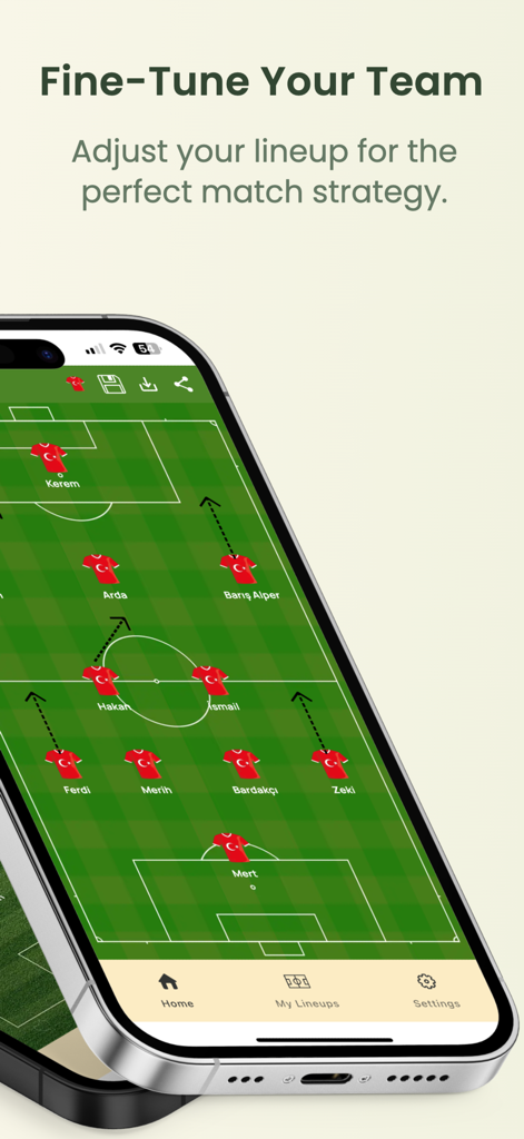 Lineup Builder Pro - Interfaz de la aplicación móvil Lineup Builder Pro mostrando un campo de fútbol con jugadores en formación y flechas de movimiento táctico