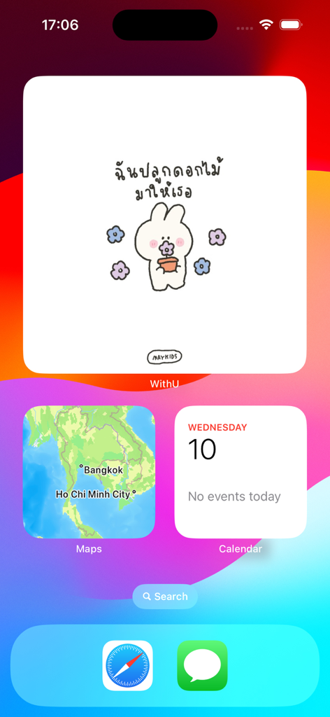 WithU - iPhone home screen featuring a WithU widget with a hand drawn bunny and positive quote