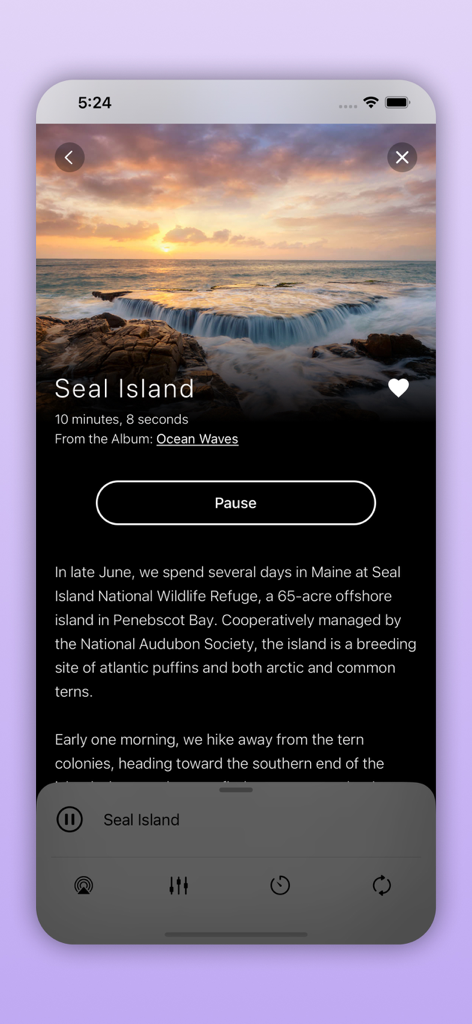 Pantalla de reproducción de la aplicación Pure Nature con olas oceánicas de "Seal Island" y escenario de atardecer con controles de audio